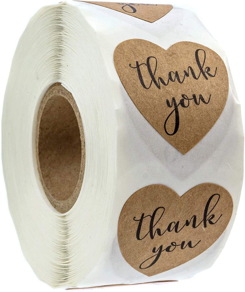 SBlabels Brown Kraft Heart Shape Thank You Stickers / 500 Heart Labels / 1 1/8" Thank You Envelope Seals - Image 1